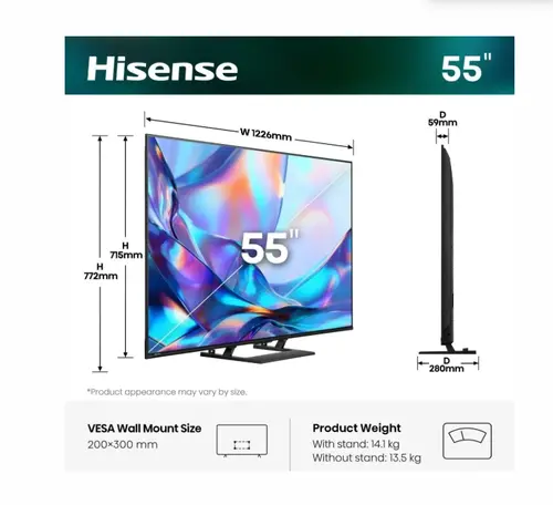 Телевизор, Hisense 55"A7S, 4K Ultra HD 3840x2160, Quantum Dot, Light Sensor,HDR 10+, HLG, Dolby Vision, Dolby Atmos, Smart TV, Voice Control,2x10 W + 20 W ,WiFi 5GHz, WiFi Direct, BT, Anyview Cast, 3xHDMI, 2xUSB, LAN, DVB-T2/C/S2, Black - image 1