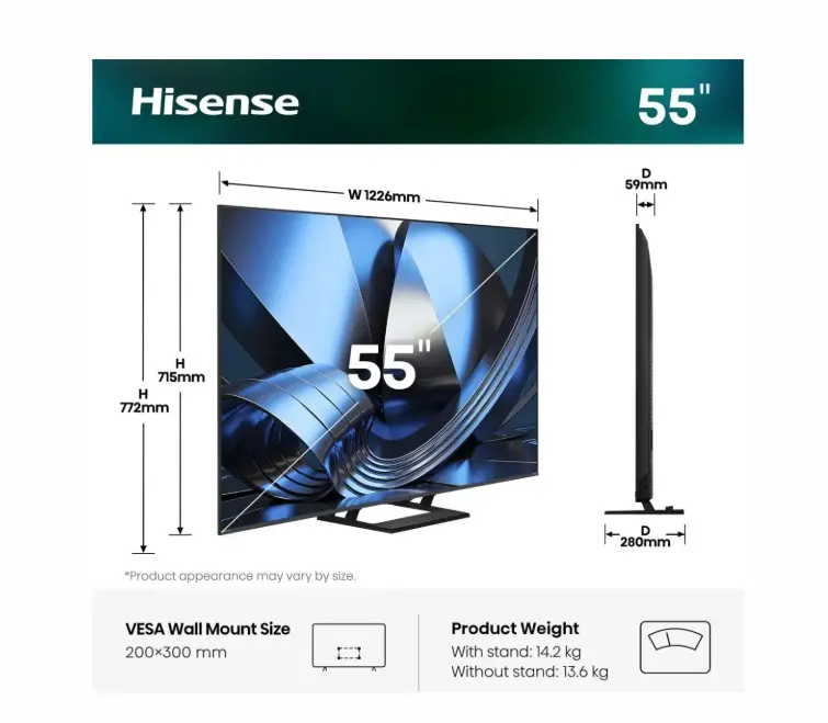 Телевизор, Hisense 55" U7SE, 4K Ultra HD 3840x2160, ULED, FALD, Quantum Dot, 144Hz, IPS, HDR 10+, HLG, Dolby Vision IQ, Dolby Atmos, Smart TV, WiFi 5GHz, WiFi Direct, BT, Anyview Cast, 4xHDMI, 2xUSB, LAN, CI+, DVB-T2/C/S2, Black - image 1