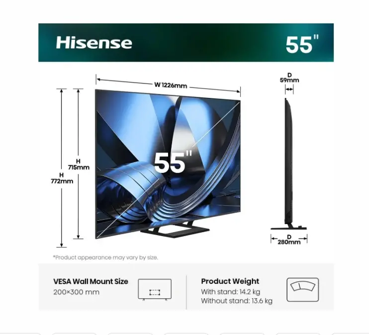 Телевизор, Hisense 55" U7SE, 4K Ultra HD 3840x2160, ULED, FALD, Quantum Dot, 144Hz, IPS, HDR 10+, HLG, Dolby Vision IQ, Dolby Atmos, Smart TV, WiFi 5GHz, WiFi Direct, BT, Anyview Cast, 4xHDMI, 2xUSB, LAN, CI+, DVB-T2/C/S2, Black - image 2