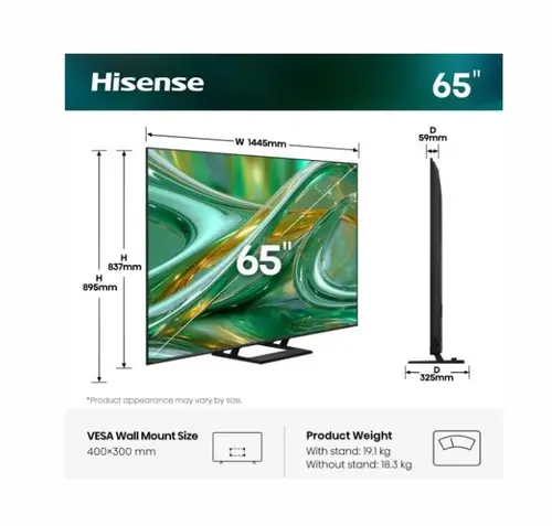 Телевизор, Hisense 65"E8S, 4K Ultra HD 3840x2160, ULED, Quantum Dot,144 Mhz, HDR 10+, HLG, Dolby Vision, Smart TV,Light Sensor,WiFi Direct, BT, Anyview Cast,Built-in,Subwoofer, 4xHDMI, 2xUSB, LAN, CI+, DVB-T2/C/S2, Black - image 1