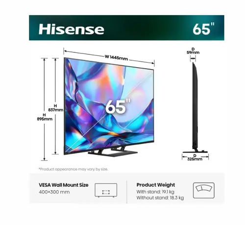 Телевизор, Hisense 65" A7S, 4K Ultra HD 3840x2160, QLED, HDR 10+, HLG, Dolby Vision, Dolby Atmos, Smart TV, Light Sensor, WiFi Direct, BT, Anyview Cast, 3xHDMI, 2xUSB, LAN, CI+, DVB-T2/C/S2, Black - image 1