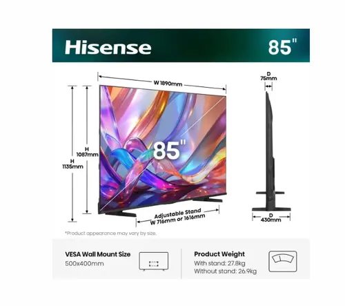 Телевизор, Hisense 85" E7S, 4K Ultra HD 3840x2160, Quantum Dot, 60Hz, Light Sensor,IPS, HDR 10+, HLG, Dolby Vision IQ, Dolby Atmos, Smart TV, WiFi 5GHz, WiFi Direct, BT, Anyview Cast, 3xHDMI, 2xUSB, LAN, CI+, DVB-T2/C/S2, Black - image 1