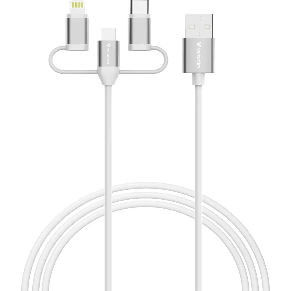 Кабел, Verbatim Sync & Charge Cable 3-in-1 USB-A to Micro-B/USB-C/Lightning 18W 100cm - White