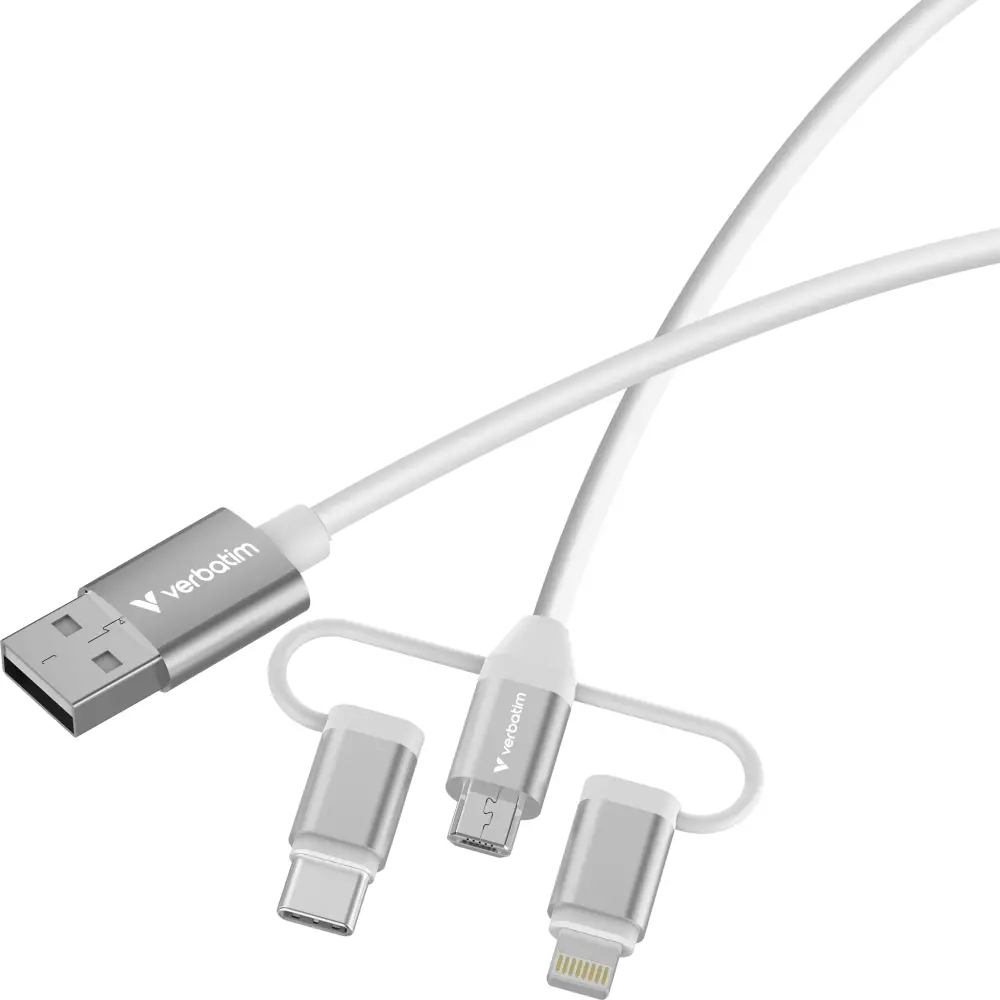 Кабел, Verbatim Sync & Charge Cable 3-in-1 USB-A to Micro-B/USB-C/Lightning 18W 100cm - White - image 1