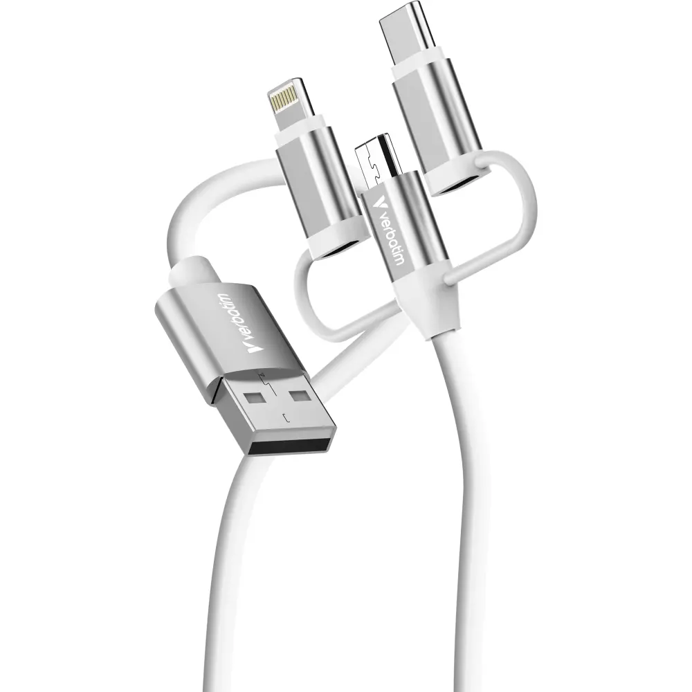 Кабел, Verbatim Sync & Charge Cable 3-in-1 USB-A to Micro-B/USB-C/Lightning 18W 100cm - White - image 2