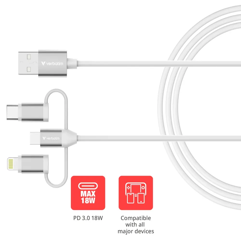 Кабел, Verbatim Sync & Charge Cable 3-in-1 USB-A to Micro-B/USB-C/Lightning 18W 100cm - White - image 3