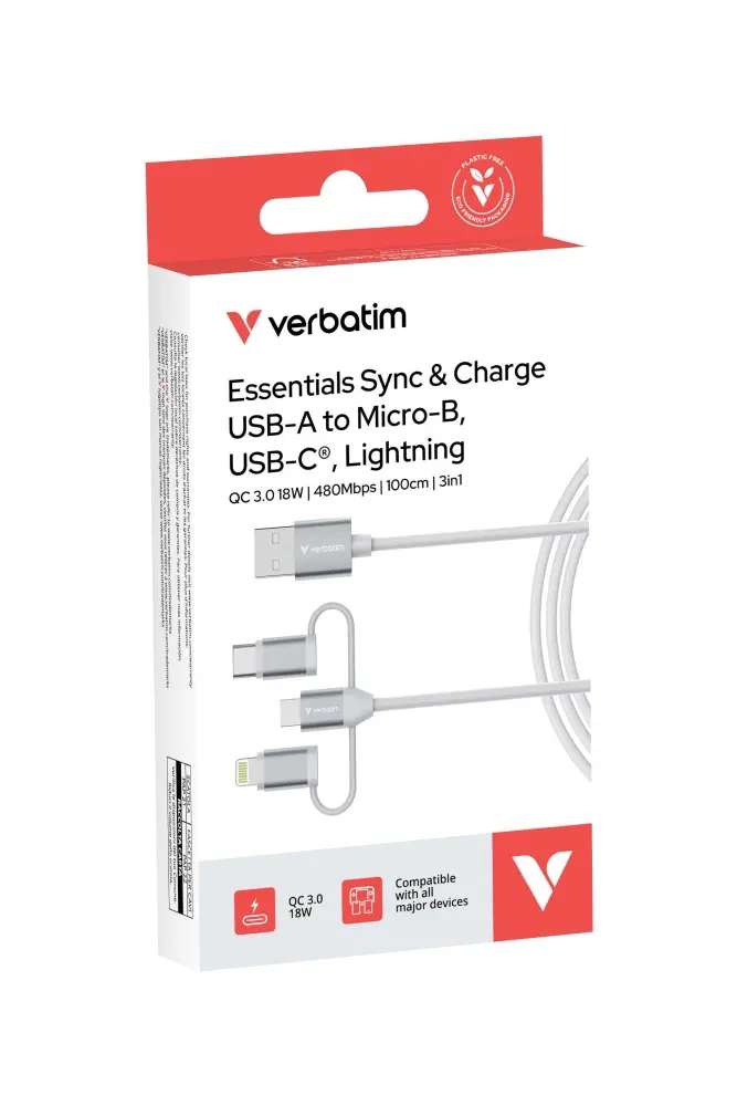 Кабел, Verbatim Sync & Charge Cable 3-in-1 USB-A to Micro-B/USB-C/Lightning 18W 100cm - White - image 4