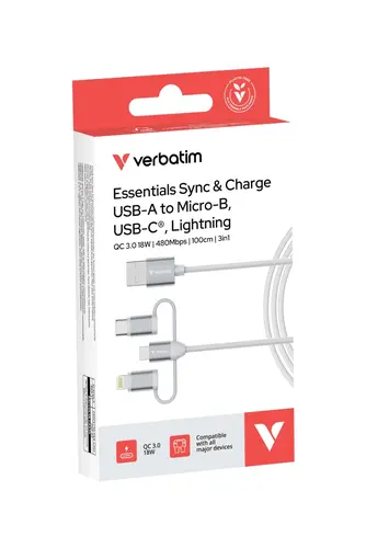 Кабел, Verbatim Sync & Charge Cable 3-in-1 USB-A to Micro-B/USB-C/Lightning 18W 100cm - White - image 4
