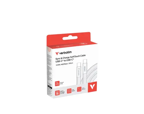 Кабел, Verbatim Sync & Charge SoftTouch USB-C to C cable 100W 120 cm - White - image 2