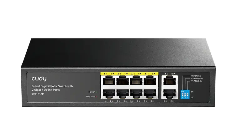 Комутатор, Cudy GS1010P 8-Port Gigabit PoE+ Switch with 2 Gigabit Uplink Ports 120W8 RJ-45 10/100/1000M PSE ports + 2 RJ45 10/100/1000 Uplink Port Unmanaged PoE+ Switch, Rack-mountable Steel Case, 120W Internal Power Supply