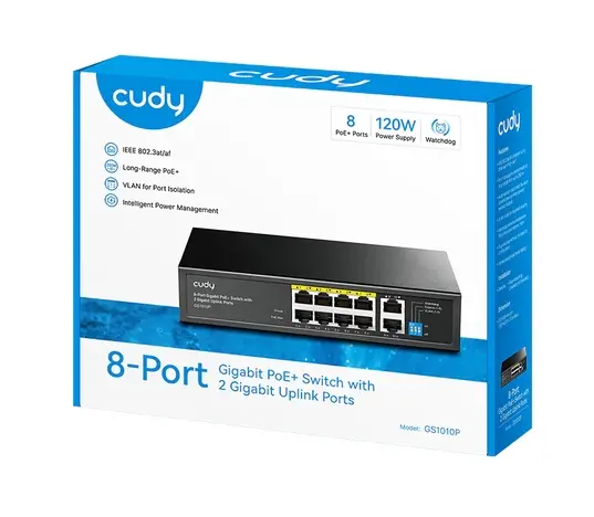 Комутатор, Cudy GS1010P 8-Port Gigabit PoE+ Switch with 2 Gigabit Uplink Ports 120W8 RJ-45 10/100/1000M PSE ports + 2 RJ45 10/100/1000 Uplink Port Unmanaged PoE+ Switch, Rack-mountable Steel Case, 120W Internal Power Supply - image 1