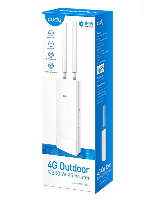 Рутер, Cudy LT400 Outdoor 4G LTE Cat 4 N300 Wi-Fi Router, 300Mbps Wi-Fi, build-in 4G LTE modem, lightning protection, IP65 Waterproof, 10/100M RJ45 - image 4