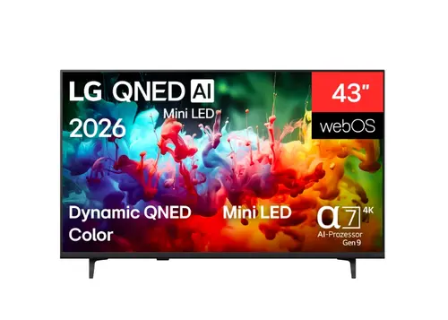Телевизор, LG 43QNED71B3B, 43" 4K QNED MiniLED Smart TV, 3840x2160, DVB-T2/C/S2, Alpha 7 AI Processor, HDR10 / HLG, webOS 26 ThinQ, VRR / ALLM / HGiG, 4K Super Upscaling, WiFi 5, Bluetooth 5.3, AirPlay 2, LAN, CI, HDMI, AI Sound Pro, Google Cast, 2 pole Stand