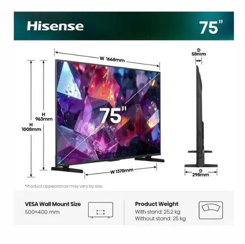 Телевизор, Hisense 75" E7S Pro, 4K Ultra HD 3840x2160, QLED, Quantum Dot, 144Hz, HDR 10+ adaptive, HLG, Dolby Vision, Hi-Concerto,Dolby Vision Atmos, Smart TV, WiFi 5GHz, WiFi Direct,Light Sensor, BT, Anyview Cast, 4xHDMI, 2xUSB, LAN, CI+, DVB-T2/C/S2, Black - image 1