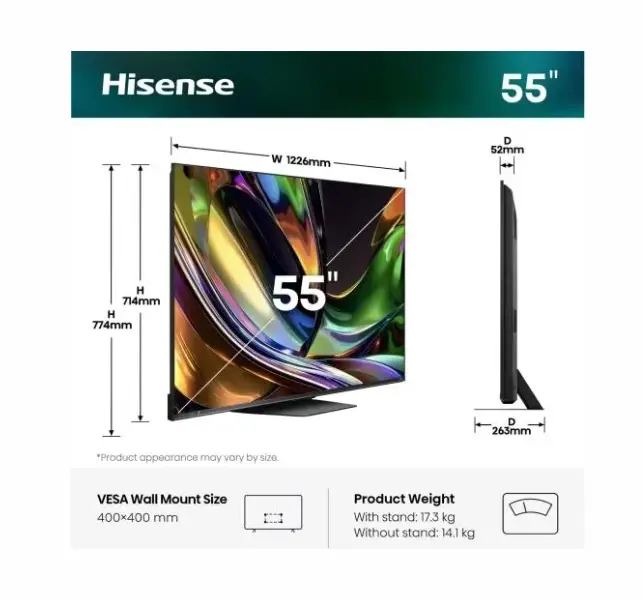 Телевизор, Hisense 55" UR8S, 4K Ultra HD 3840x2160, RGB Mini Led , DLED, Quantum Dot, 180Hz, IPS, HDR 10+, HLG, Dolby Vision IQ, Dolby Atmos, Smart TV,Light Sensor,WiFi 6eGHz, WiFi Direct, BT,2x10 W + 20 W + 2x5 W, Anyview Cast, 4xHDMI, 2xUSB, LAN, CI+, DVB-T2/C/S2 - image 1