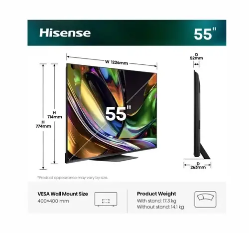 Телевизор, Hisense 55" UR8S, 4K Ultra HD 3840x2160, RGB Mini Led , DLED, Quantum Dot, 180Hz, IPS, HDR 10+, HLG, Dolby Vision IQ, Dolby Atmos, Smart TV,Light Sensor,WiFi 6eGHz, WiFi Direct, BT,2x10 W + 20 W + 2x5 W, Anyview Cast, 4xHDMI, 2xUSB, LAN, CI+, DVB-T2/C/S2 - image 1