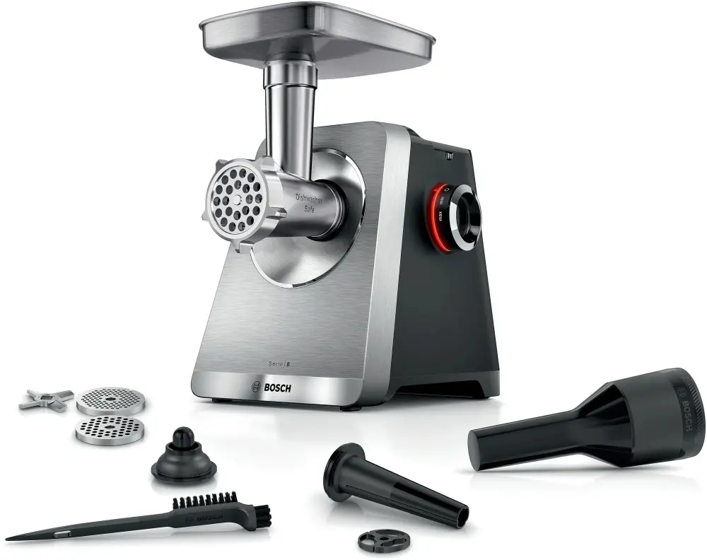 Месомелачка, Bosch MFWS820M, SER8, Meat mincer, Blocking power: 2500W, 4,5 kg/min, 10-year motor, dishwasher safe, kebbe att., sausage att., silver black