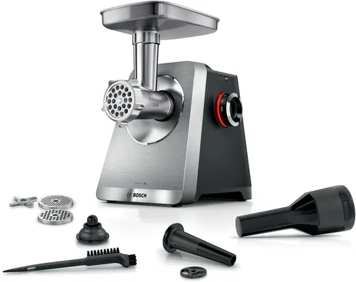 Месомелачка, Bosch MFWS820M, SER8, Meat mincer, Blocking power: 2500W, 4,5 kg/min, 10-year motor, dishwasher safe, kebbe att., sausage att., silver black