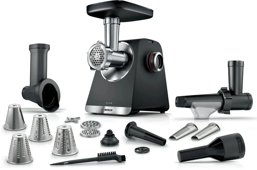 Месомелачка, Bosch MFWS660B, SER6, Meat mincer - MultiPower 2100 W, Planetary gearbox, 3,5 kg/min, kebbe attachment, sausage attachment, fruit press attachment, shredding attachment, reverse function, Black