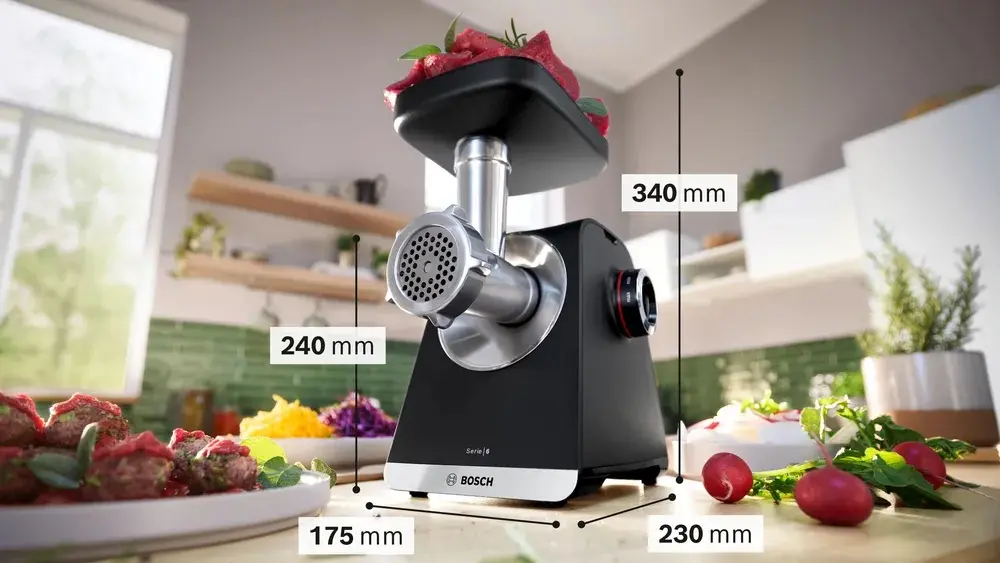 Месомелачка, Bosch MFWS660B, SER6, Meat mincer - MultiPower 2100 W, Planetary gearbox, 3,5 kg/min, kebbe attachment, sausage attachment, fruit press attachment, shredding attachment, reverse function, Black - image 2