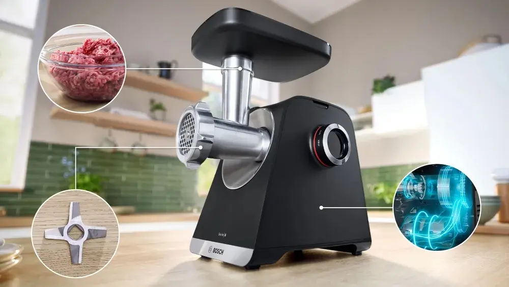 Месомелачка, Bosch MFWS660B, SER6, Meat mincer - MultiPower 2100 W, Planetary gearbox, 3,5 kg/min, kebbe attachment, sausage attachment, fruit press attachment, shredding attachment, reverse function, Black - image 5