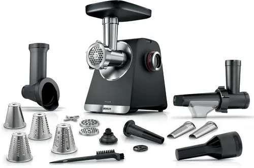 Месомелачка, Bosch MFWS660B, SER6, Meat mincer - MultiPower 2100 W, Planetary gearbox, 3,5 kg/min, kebbe attachment, sausage attachment, fruit press attachment, shredding attachment, reverse function, Black