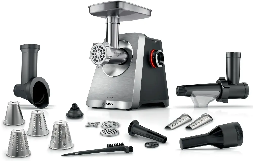 Месомелачка, Bosch MFWS860M, SER8, Meat mincer, Blocking power: 2500W, 4,5 kg/min, 10-year motor, dishwasher safe, tomato press, 4 grating discs, kebbe att., sausage att., silver black