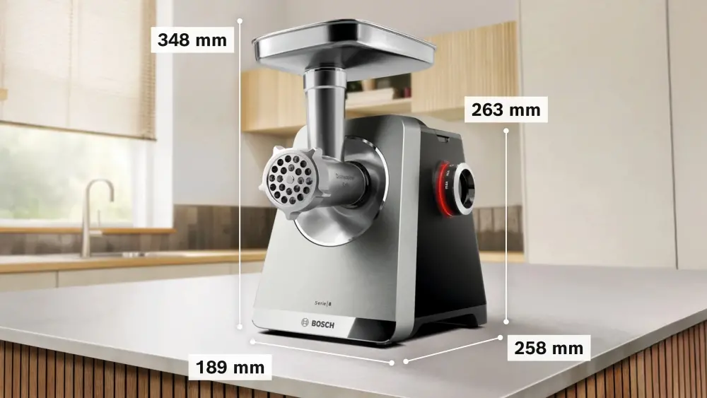 Месомелачка, Bosch MFWS860M, SER8, Meat mincer, Blocking power: 2500W, 4,5 kg/min, 10-year motor, dishwasher safe, tomato press, 4 grating discs, kebbe att., sausage att., silver black - image 1