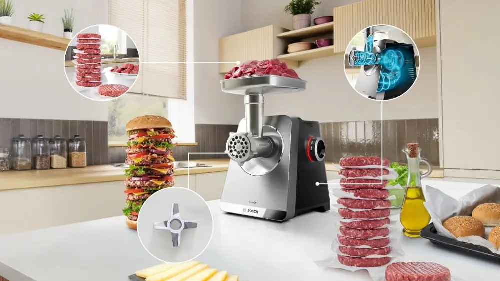 Месомелачка, Bosch MFWS860M, SER8, Meat mincer, Blocking power: 2500W, 4,5 kg/min, 10-year motor, dishwasher safe, tomato press, 4 grating discs, kebbe att., sausage att., silver black - image 3