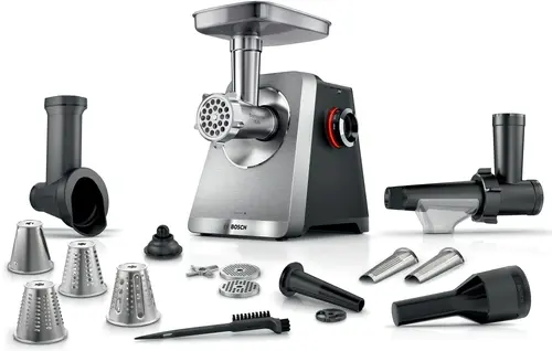 Месомелачка, Bosch MFWS860M, SER8, Meat mincer, Blocking power: 2500W, 4,5 kg/min, 10-year motor, dishwasher safe, tomato press, 4 grating discs, kebbe att., sausage att., silver black