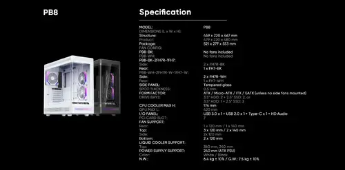 1stPlayer кутия Case ATX - PB8 Black - 3 x 120 mm A-RGB fans included, USB-C - image 21