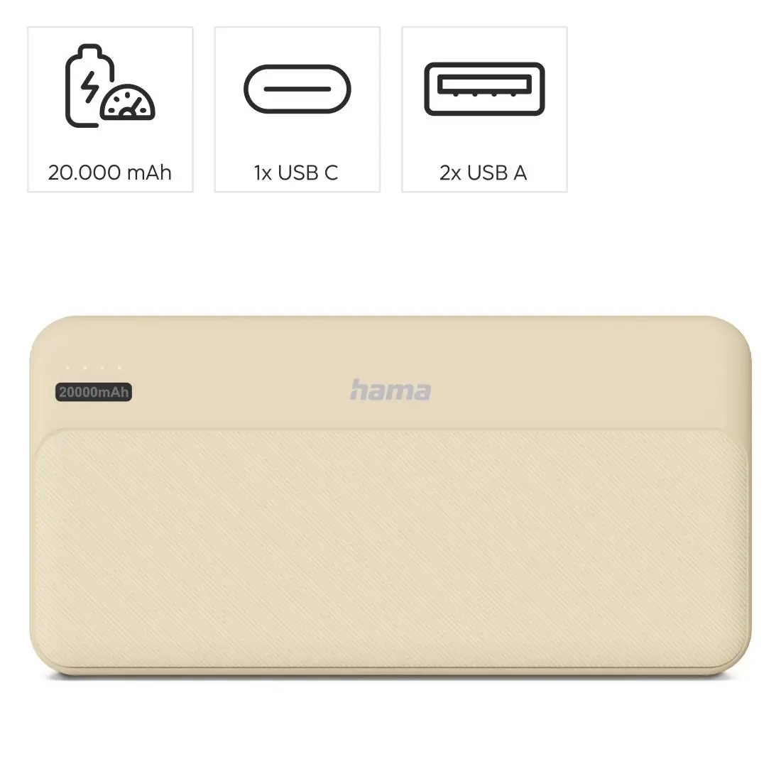 HAMA Външна батерия "Pocket 20", 20000 mAh, Изходи: 2x USB-A, бежов - image 5