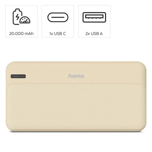 HAMA Външна батерия "Pocket 20", 20000 mAh, Изходи: 2x USB-A, бежов - image 5