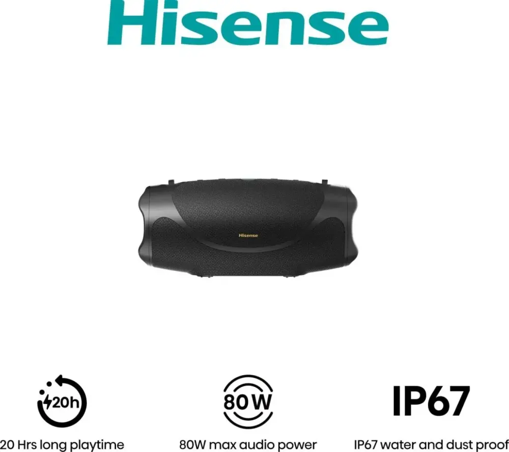 Аудио система, Hisense, FlexBoom, Party speaker 2.0 Ch., 80W, BT, 20h play,IP67 Water and Dust Proof,Ambient Light,Black