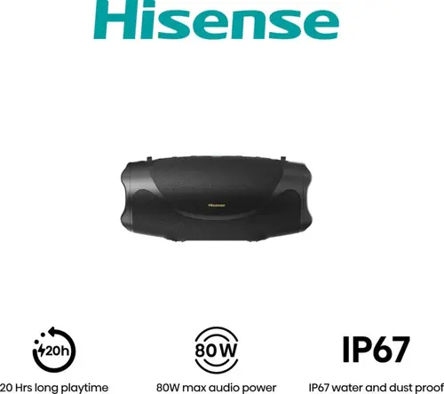 Аудио система, Hisense, FlexBoom, Party speaker 2.0 Ch., 80W, BT, 20h play,IP67 Water and Dust Proof,Ambient Light,Black