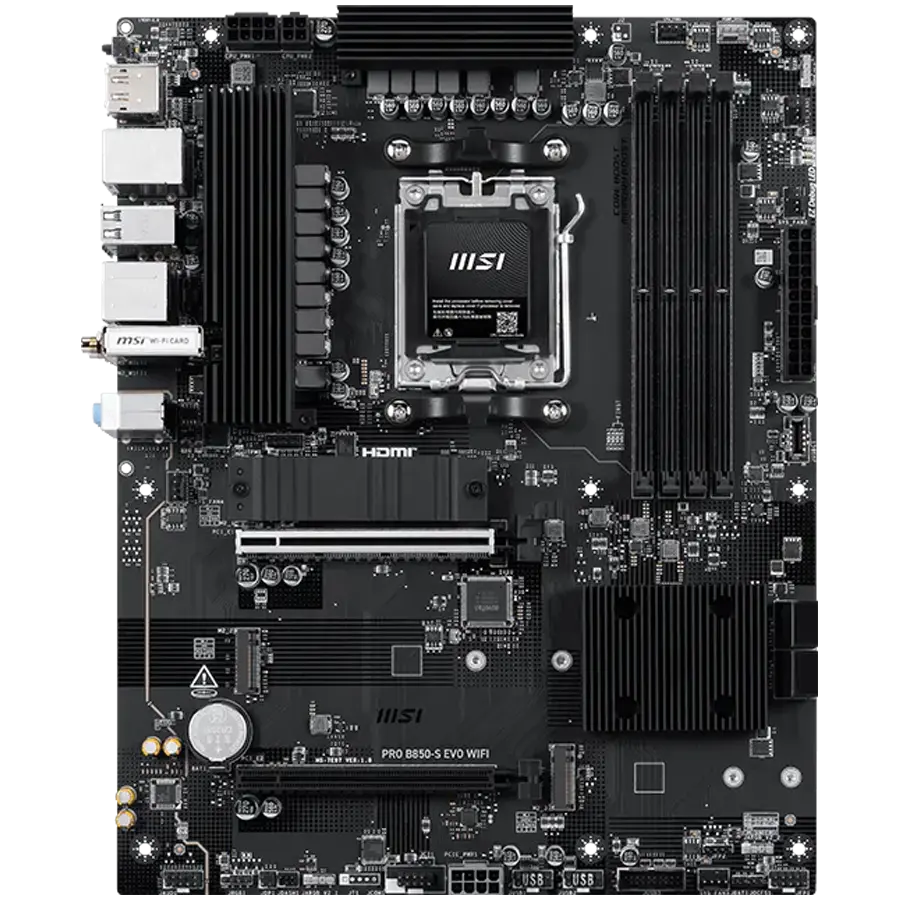 MSI PRO B850-S EVO WIFI, ATX, Socket AM5, 4x DDR5 Dual Channel up to 8200(OC)MHz, 2x PCIe x16 slot, 3x M.2 slot, 4x USB 2.0, 2x USB 5Gbps, 2x USB 10Gbps, 1x USB 10Gbps Type-C, HDMI, DP, 7.1 HD Audio, 5G LAN, WiFI 7, BT, 3Y