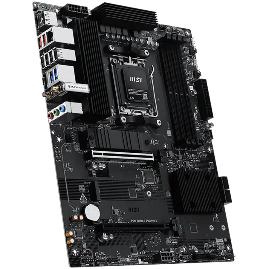 MSI PRO B850-S EVO WIFI, ATX, Socket AM5, 4x DDR5 Dual Channel up to 8200(OC)MHz, 2x PCIe x16 slot, 3x M.2 slot, 4x USB 2.0, 2x USB 5Gbps, 2x USB 10Gbps, 1x USB 10Gbps Type-C, HDMI, DP, 7.1 HD Audio, 5G LAN, WiFI 7, BT, 3Y - image 1