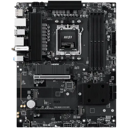 MSI PRO B850-S EVO WIFI, ATX, Socket AM5, 4x DDR5 Dual Channel up to 8200(OC)MHz, 2x PCIe x16 slot, 3x M.2 slot, 4x USB 2.0, 2x USB 5Gbps, 2x USB 10Gbps, 1x USB 10Gbps Type-C, HDMI, DP, 7.1 HD Audio, 5G LAN, WiFI 7, BT, 3Y