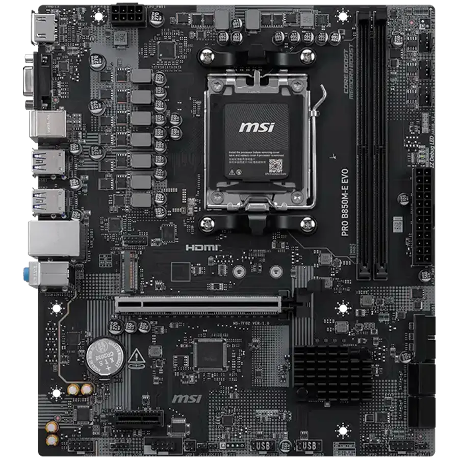 MSI PRO B850M-E EVO, mATX, Socket AM5, 2x DDR5 Dual Channel up to 8200(OC)MHz, 1x PCIe x16 slot, 1x M.2 slot, 4x USB 5Gbps, 2x USB 2.0, HDMI, VGA, 7.1 HD Audio, 2.5G LAN, 3Y