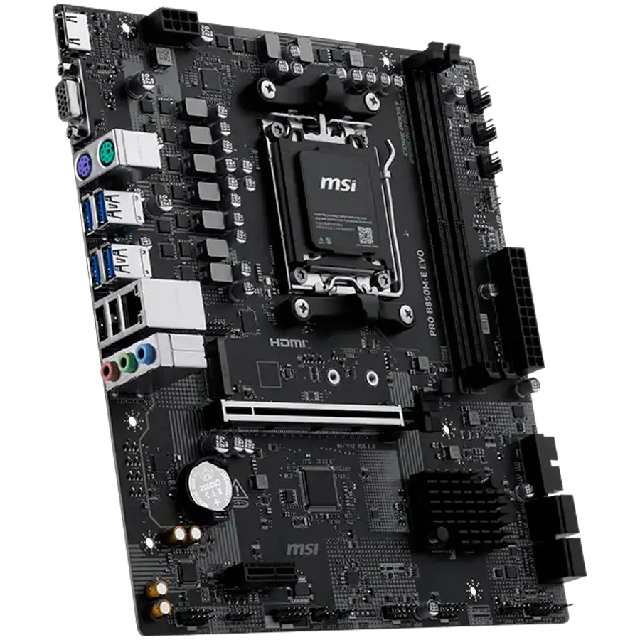 MSI PRO B850M-E EVO, mATX, Socket AM5, 2x DDR5 Dual Channel up to 8200(OC)MHz, 1x PCIe x16 slot, 1x M.2 slot, 4x USB 5Gbps, 2x USB 2.0, HDMI, VGA, 7.1 HD Audio, 2.5G LAN, 3Y - image 1