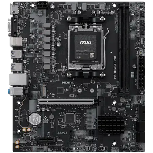 MSI PRO B850M-E EVO, mATX, Socket AM5, 2x DDR5 Dual Channel up to 8200(OC)MHz, 1x PCIe x16 slot, 1x M.2 slot, 4x USB 5Gbps, 2x USB 2.0, HDMI, VGA, 7.1 HD Audio, 2.5G LAN, 3Y