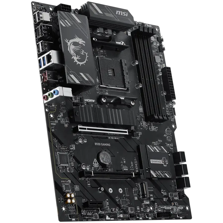 MSI B550 GAMING, ATX, Socket AM4, 4x DDR4 Dual Channel up to 4866+(OC)MHz, 2x PCIe x16 slots, 2x M.2 slots, 2x USB 3.2 Gen 2 (1x Type-C), 2x USB 3.2 Gen 1, 4x USB 2.0, 1x HDMI, 1x DP, 1G LAN, 7.1 HD Audio, 3Y - image 1
