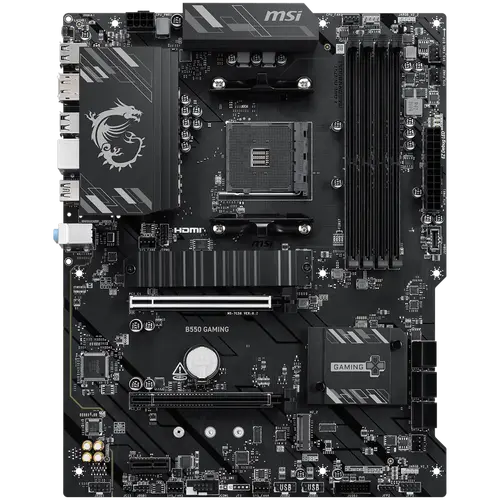 MSI B550 GAMING, ATX, Socket AM4, 4x DDR4 Dual Channel up to 4866+(OC)MHz, 2x PCIe x16 slots, 2x M.2 slots, 2x USB 3.2 Gen 2 (1x Type-C), 2x USB 3.2 Gen 1, 4x USB 2.0, 1x HDMI, 1x DP, 1G LAN, 7.1 HD Audio, 3Y