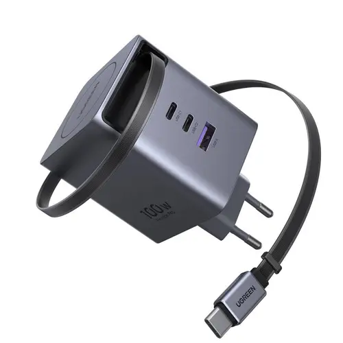 UGREEN 100W GaN зарядно устройство за бързо зареждане с прибиращ се кабел