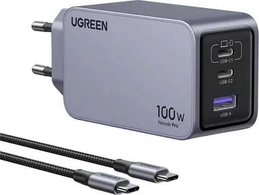 UGREEN Nexode Pro 100W 3-портово GaN зарядно устройство за бързо зареждане – комплект с кабел (EU)