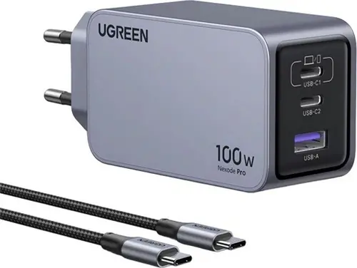 UGREEN Nexode Pro 100W 3-портово GaN зарядно устройство за бързо зареждане – комплект с кабел (EU)