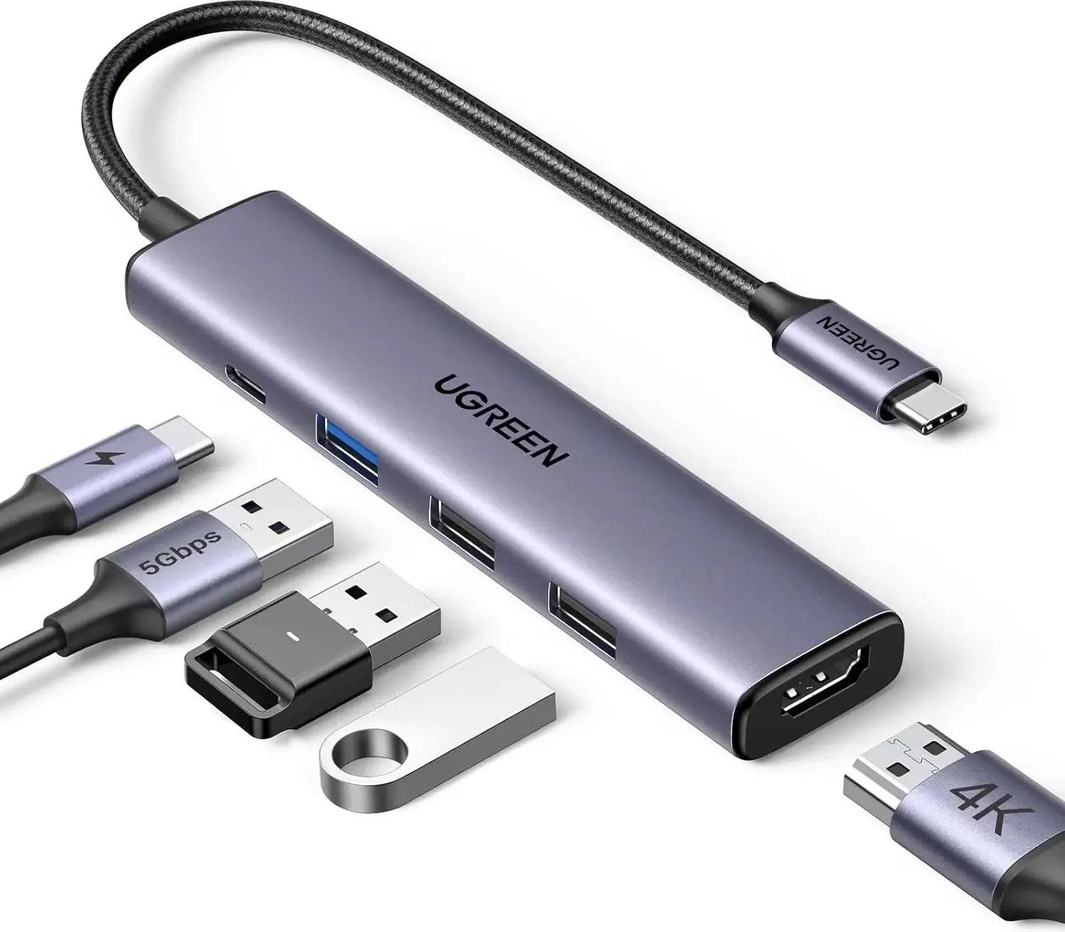 UGREEN 5-в-1 USB-C хъб, USB-C към HDMI (4K@30Hz), 3х USB-A 3.0, PD до 100W