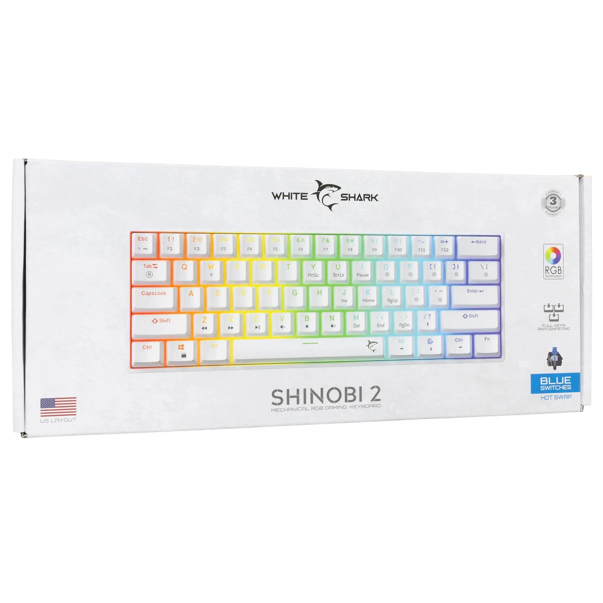 White Shark геймърска механична клавиатура Gaming Mechanical Keyboard SHINOBI 2 - YUSYA 5P Blue Switches (English US), White - image 12