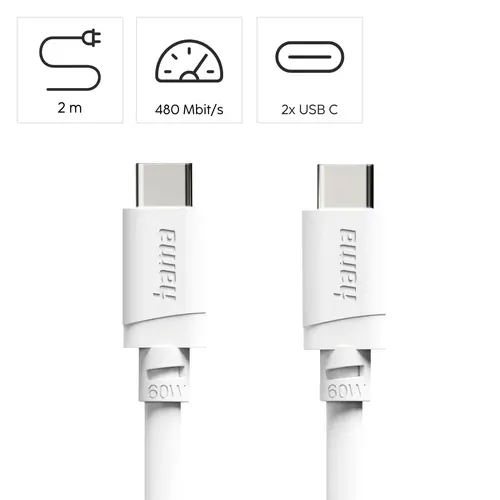 HAMA Кабел USB-C - USB-C, 60W, 2 м, бял - image 7