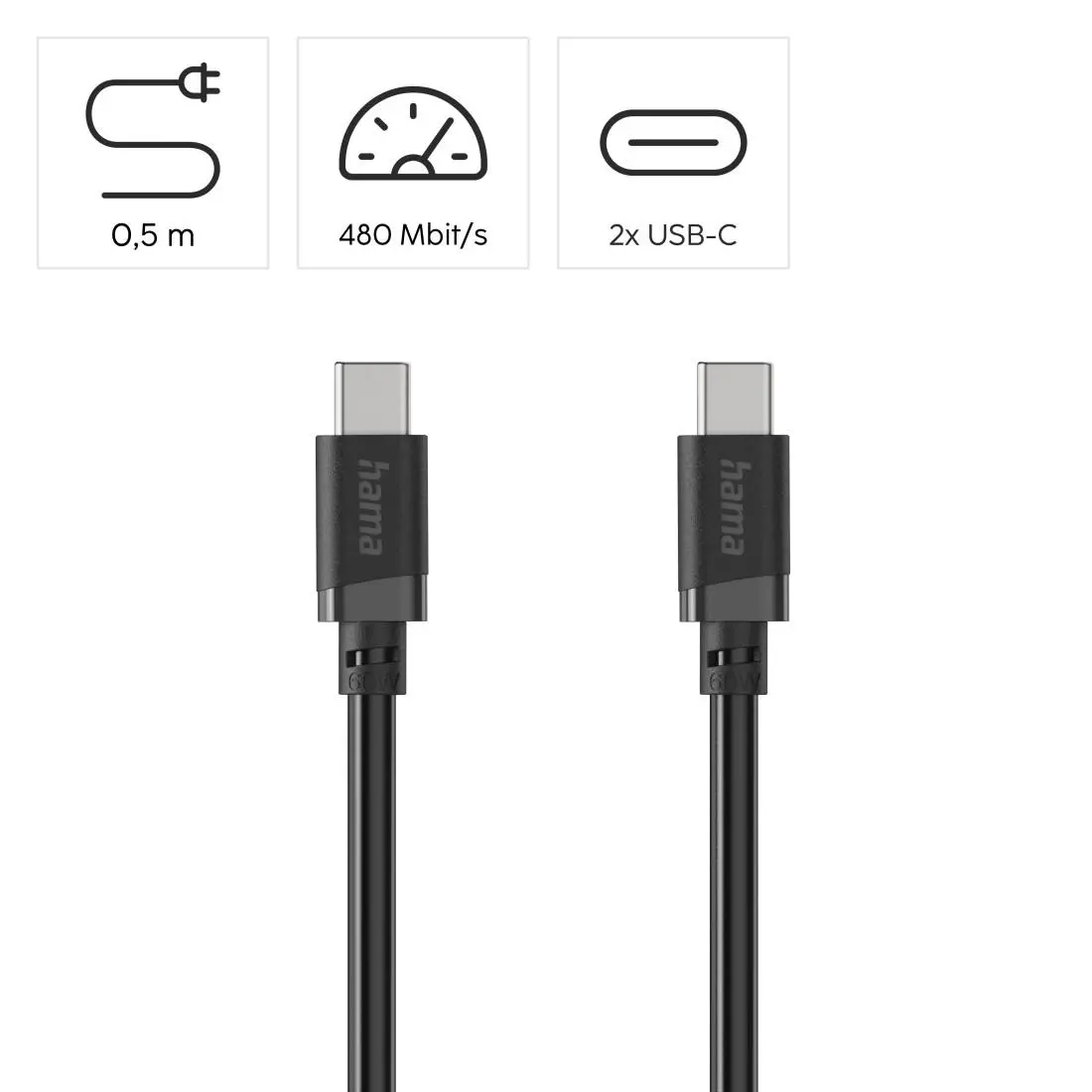 HAMA Кабел USB-C - USB-C, 60W, 0.5 м, черен - image 8